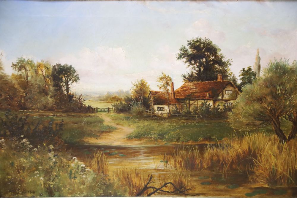 T Whithew (c.1900), oil on canvas, Timber framed house beside a river, signed a and dated 1906, 50 x 78cm.